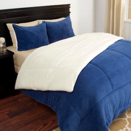 Hastings Home 3 Piece Sherpa/Fleece Comforter Set - Full/Queen - Navy 631633REV